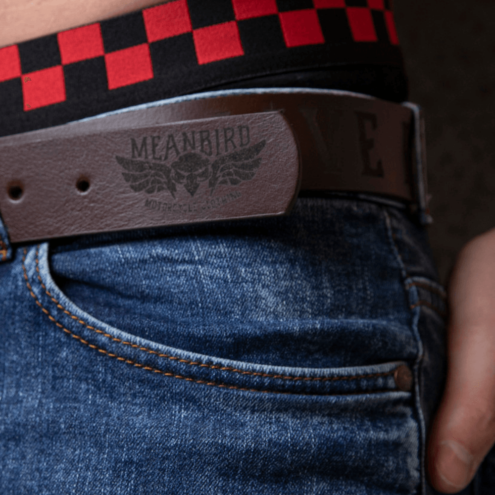 Mean Bird Motorcycles Brown Leather Belt - Red Torpedo