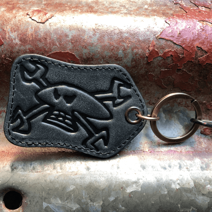 Red Torpedo Guy Martin Spannerskull Black Leather Keyring - Red Torpedo