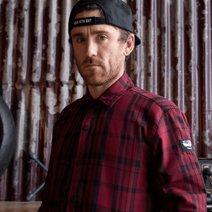 Mean Bird Motorcycles Flannel Jacket (Mens) Burgundy Check - Red Torpedo