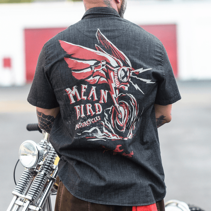 Mean Bird Motorcycles 'Fire Bird' Mens Black Short Sleeve Stretch Denim Shirt - Red Torpedo