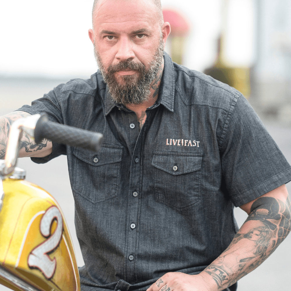 Mean Bird Motorcycles 'Fire Bird' Mens Black Short Sleeve Stretch Denim Shirt - Red Torpedo